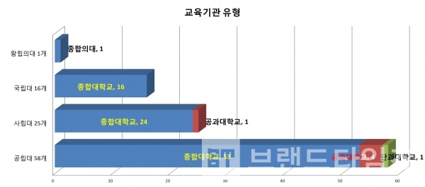 세계 100대 대학 교육기관 유형 / 그래프=브랜딩그룹