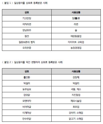 일상용어를 상표로 등록받은 사례, 특허청 발표자료