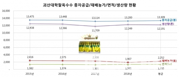 괴산대학찰옥수수 종자보급∙재배농가∙면적∙생산량 현황/자료=괴산군/그래프=브랜딩그룹