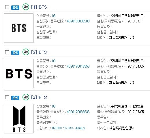 방탄소년단 소속 회사 빅히트엔터테인먼트에서 출원해 현재 심사가 보류된 3건의 ‘BTS’ 상표/자료=특허청 키프리스 캡처