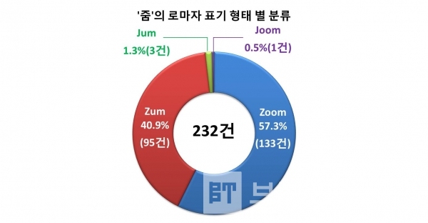 ‘줌’의 로마자 표기 형태 별 분류/자료=특허청 키프리스/그래프=브랜드타임즈