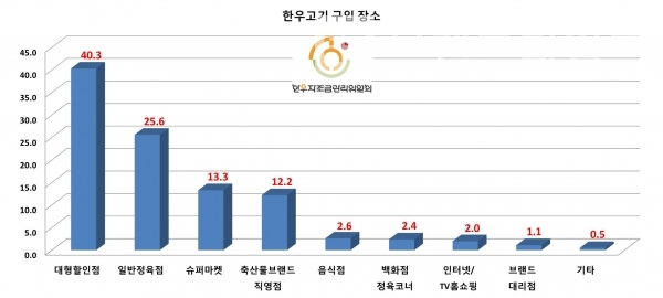 우리나라 가구소비자 한우고기 구입 장소/자료=한우자조금관리위원회 2019년 한우고기 소비•유통 모니터링 조사보고서/그래프=브랜드타임즈®