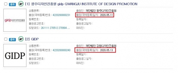 광주디자인진흥원과 강원디자인진흥원에서 2일 간격으로 출원한 업무표장 GIDP/사진=특허청 키프리스 누리집(홈페이지) 갈무리