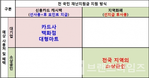 전 국민 재난지원금 지원 방식 및 예상 사용처와 혜택/도표=브랜드타임즈®