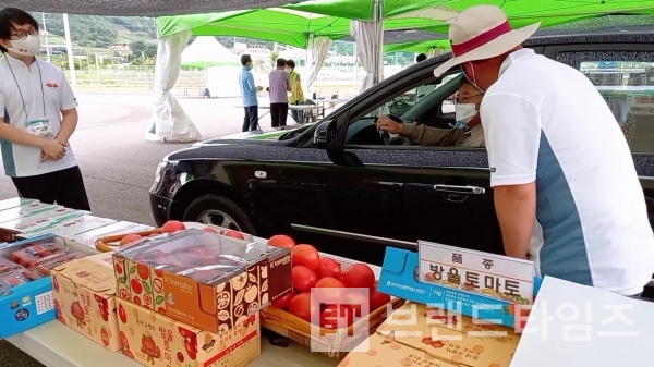 8월 13일부터 15일까지 사흘간 드라이브스루로 진행된 둔내고랭지토마토축제에서 참가자가 토마토를 구입하고 있다/사진=둔내면사무소