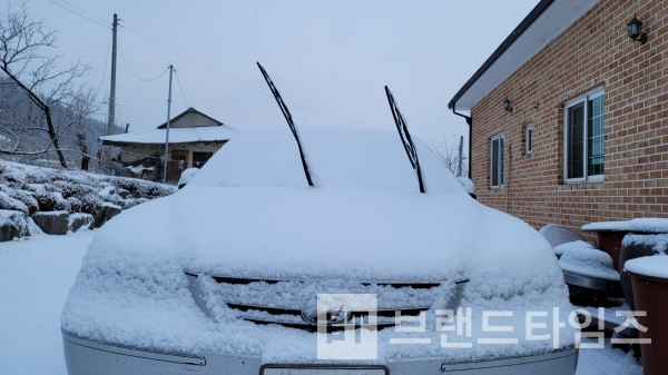 차 위에 쌓인 눈으로 눈으로 만든 차가 되었다/사진=브랜드타임즈