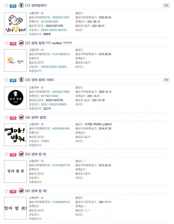 특허청에 출원 및 등록되어 있는 엄마밥줘 상표 현황/사진=특허청 키프리스 갈무리(캡처)