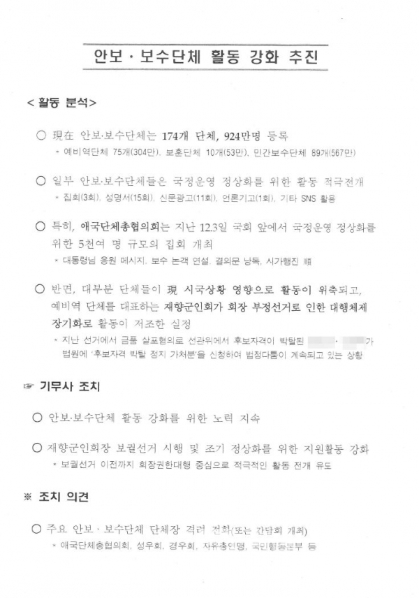 군인권센터가 지난 2022. 7. 28. 군사안보지원사령부(現 방첩사령부)를 상대로 대법원에서 정보공개거부처분 취소소송에서 승소하여 확보한 ‘안보•보수단체 활동 강화 추진’ 제하의 1페이지짜리 문건/사진=군인권센터